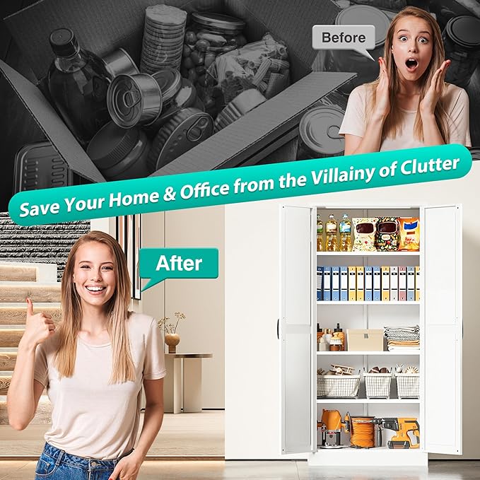 SISESOL 61" Tall Pantry Cabinet,Farmhouse Kitchen Pantry Storage Cabinets with 2 Doors and 5 Shelves,White Metal Storage Cabinet,Large Cupboard for Home,Kitchen,Dining/Living Room