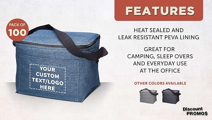 Custom Insulated Cooler Lunch Bag Set of 100, Personalized Bulk Pack - Perfect for Work, Travel, Outdoor Events - Blue