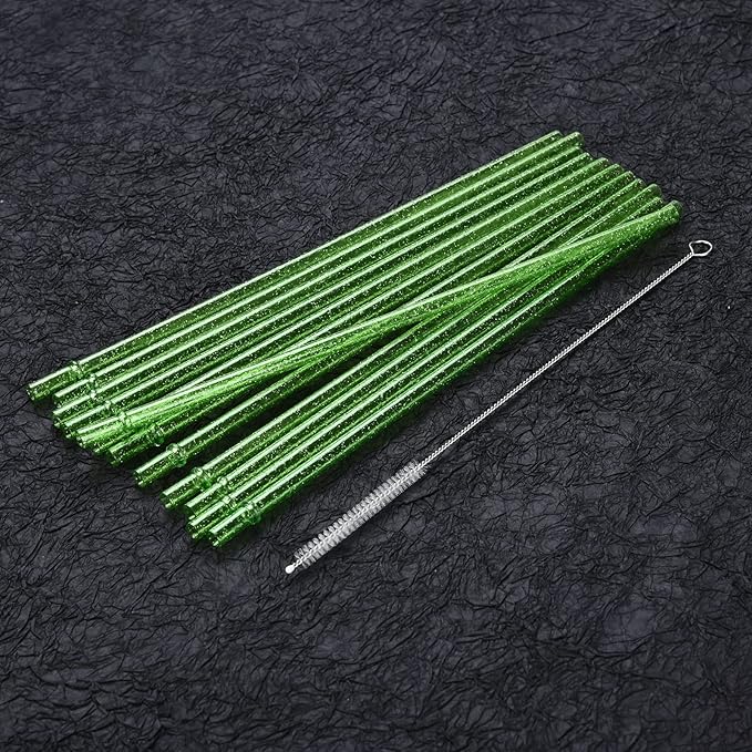 ALINK 12PCS Reusable Clear Green Glitter Straws, 11" Long Hard Plastic Tumbler Drinking Straws with Cleaning Brush