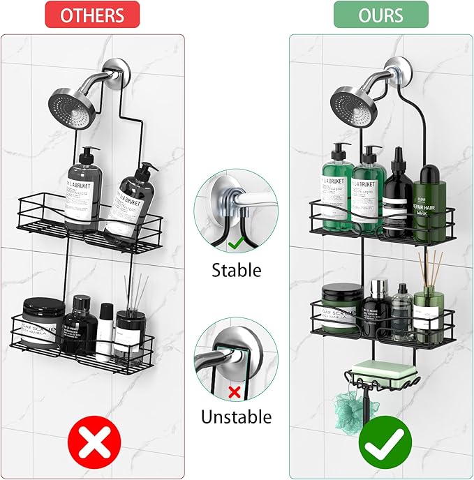 Bathroom Shower Caddy Hanging - 3-Tier Organizer with Soap Holder & 6 Hooks for Towels, Sponge; Fits 21mm Shower Head Arm, Black