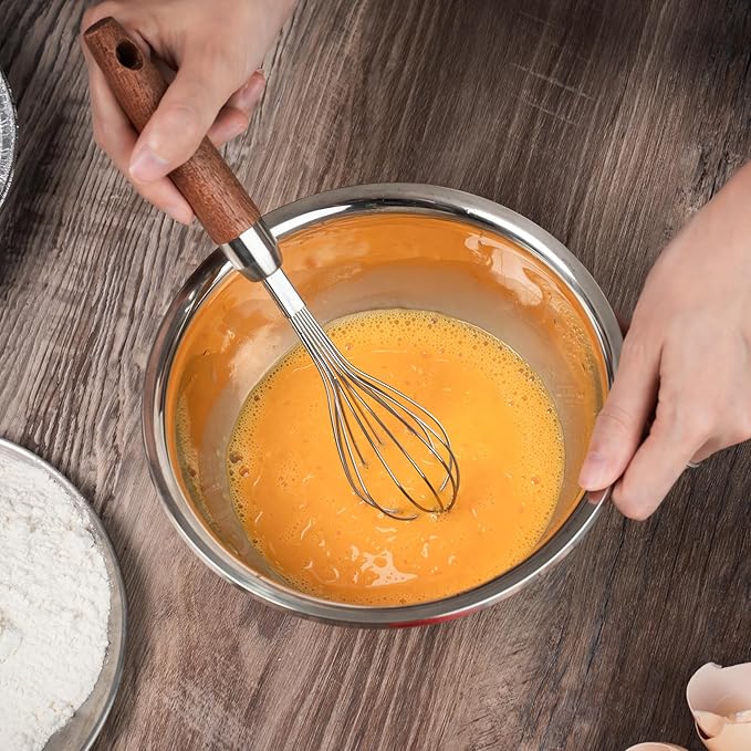 Stainless Steel Wire Whisk for Cooking- Wooden Handle Kitchen Multi Function Non Stick Balloon Whisk Egg Beater for Blending Whisking Beating Frothing Stirring Batters (9"L x 1.8"W)