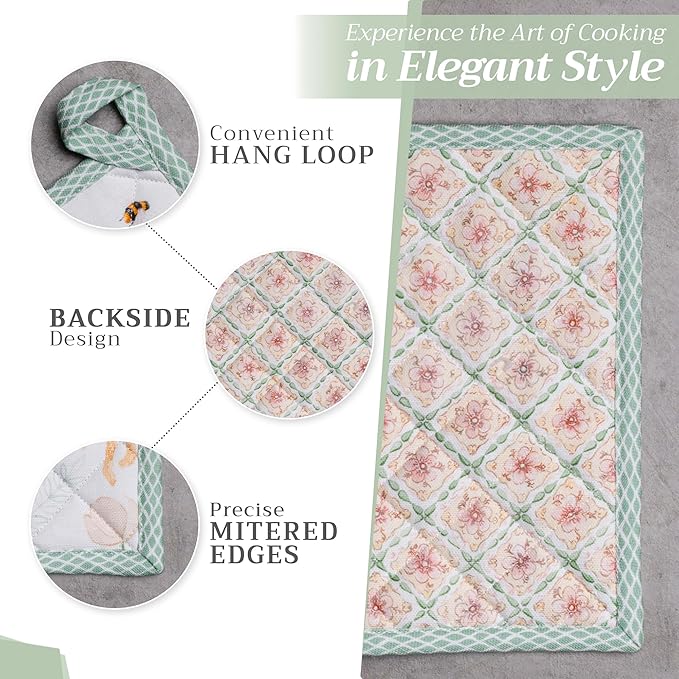 Maison d' Hermine Pot Holders 100% Cotton Heat Resistant Potholders 8" x 8" Hot Pads with Loop BBQ, Cooking, Baking, Grilling, Kitchen, Handling Hot Pans Spring/Summer (Pack of 1, Easter Dew)