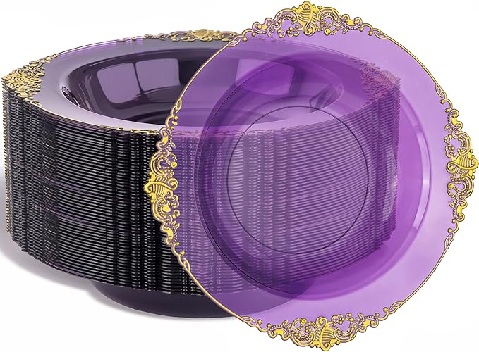 Nervure 50PCS Purple Plastic Bowls with Gold Rim - 12oz Disposable Soup Bowls, Heavy Duty Salad Dessert Bowl Perfect For Weddings, Parties and Everyday Use