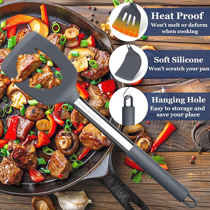 TeamFar Kitchen Utensils, 8PCS Silicone Utensils Kitchen Tools Set with Stainless Steel Handle, for Nonstick Cookware Frying Flipping Draining, Healthy & Anti-heat, Nonstick & Dishwasher Safe - Gray