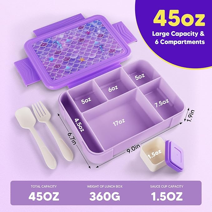 JYPS Bento Box for Kids,Leak-Proof Kids Lunch Box with 6 Compartments,Sauce Container,Utensils,BPA Free Microwave/Dishwasher Safe Lunch Container for Girls and Toddlers Back to School-Purple M