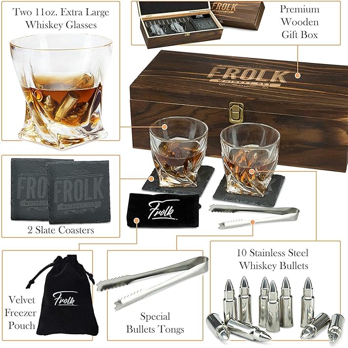 Whiskey Stones Gift Set for Men - 10 Chilling Stainless-Steel Whiskey Rocks - 11oz 2 Large Twisted Whiskey Glasses, Slate Coasters, Tongs - Premium Set in Pine Wood Box