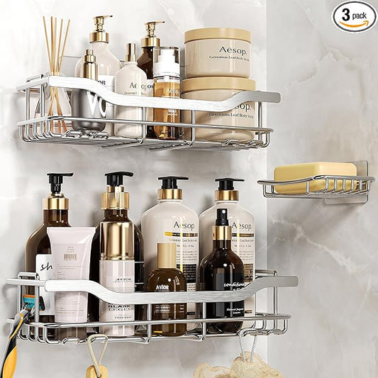 OMAIRA 3-Pack Shower Caddy with Soap Holder, Adhesive Rustproof No-drill Strudy Loading Inside Shower Organizer Shelves Rack Storage Bathroom Organization for Smooth Wall Glass Tile, Silver (X-Large)