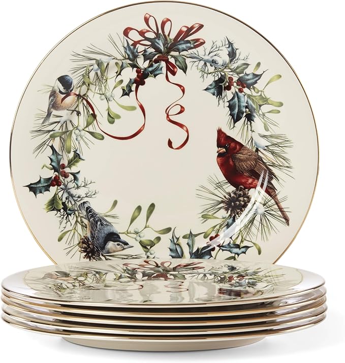 Lenox 835219 Winter Greetings 6-Piece Dinner Plate Set, 10.75', Christmas Drinkware, Holiday Hosting