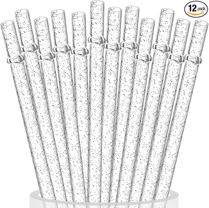 ALINK 12-Pack Reusable Clear Plastic Glitter Straws, 11" Long Hard Tumbler Replacement Straws for 20 OZ 30 OZ Stanley, Yeti/Rtic, Mason Jars with Cleaning Brush