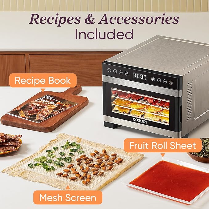 COSORI Food Dehydrator for Jerky, 176°F Temperature Control, 5 Stainless Steel Trays Dryer Machine, 4 Presets, 48H Timer, for Dog Treats, Meat, Fruit, Veggies, Snacks, Recipe Book Included
