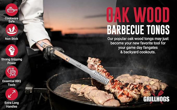 12" Tongs 18/0 Stainless Steel BBQ Grill Tongs with Ergonomic Real Oak Wood Handle for Cooking - Durable Grilling Accessory, Tongs for Cooking & Kitchen, Outdoor Barbecue, Easy to Clean