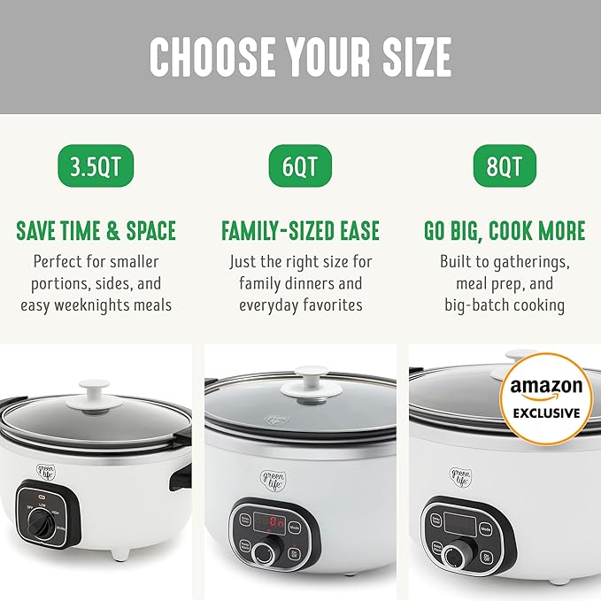 GreenLife 6QT Slow Cooker, Non-Toxic PFAS-Free Ceramic Nonstick Removable Interior Bowl, Programmable, Family Friendly, Keep Warm, Stovetop & Oven Safe, Dishwasher Safe Crock, Timer, Glass Lid, White