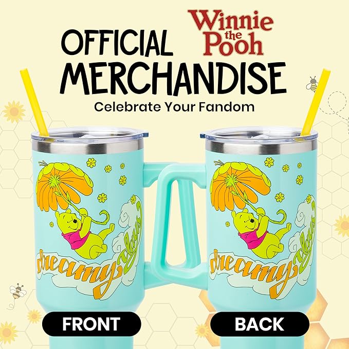 Silver Buffalo Disney Winnie the Pooh “Dreamy Days” Retro Art Stainless Steel Tumbler with Handle and Straw, Fits in Standard Cup Holder, 40 Ounces
