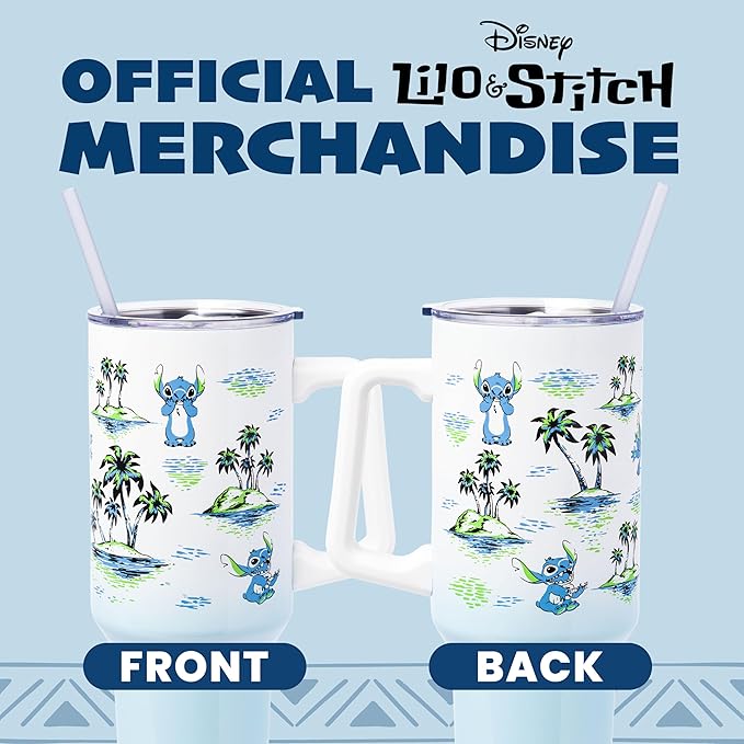 Silver Buffalo Disney Lilo and Stitch Vintage Sketch Palm Trees and Flowers Stainless Steel Tumbler with Handle and Straw, Fits in Standard Cup Holder, 40 Ounces