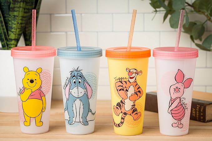 Silver Buffalo Disney Winnie the Pooh 4 Count Color Changing Plastic Tumblers Featuring Eeyore, Winnie the Pooh, Tigger, and Piglet, 24 Ounces (Pack of 12)