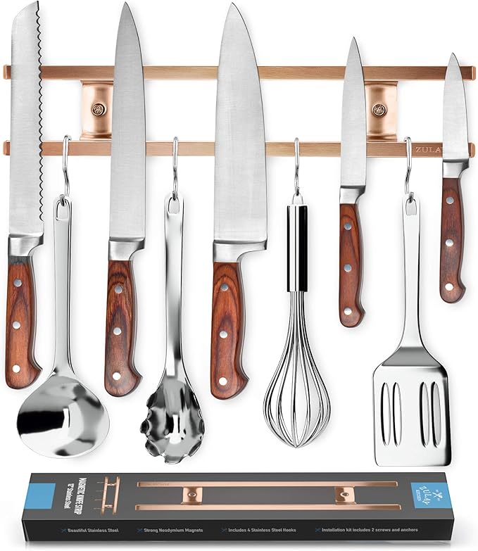 Zulay (12 Inch) Stainless Steel Magnetic Knife Holder For Wall - Powerful Knife Magnetic Strip With Extra Hanging Hooks - Wall Mount Magnetic Knife Strip & Organizer For Kitchen & Tools (Copper)