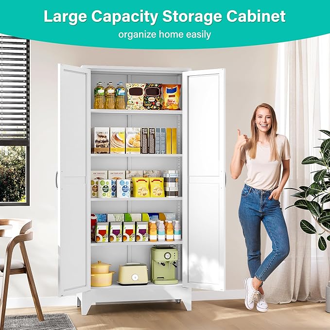 SISESOL 75" Tall Pantry Cabinet,Farmhouse Kitchen Pantry Storage Cabinets with 2 Doors and 5 Shelves,White Metal Storage Cabinet,Large Cupboard for Home,Kitchen,Dining/Living Room