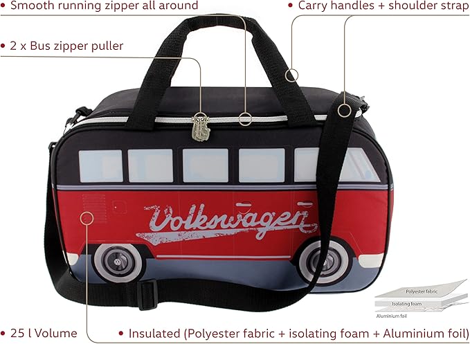 BRISA VW Collection - Volkswagen Insulated Cool-Warm Thermo Picnic Lunch Bag Box for Food in T1 Bus Design (25 Liters/6.6 Gallons)