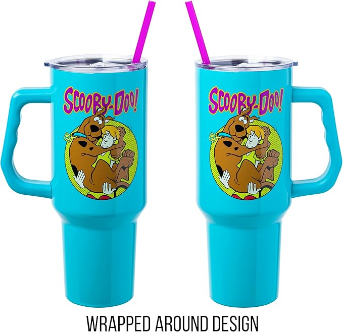 Silver Buffalo Scooby-Doo Featuring Scared Shaggy and Scooby Stainless Steel Tumbler with Handle and Straw, Fits in Standard Cup Holder, 40 Ounces