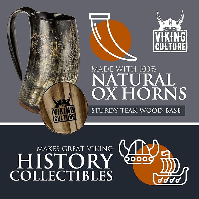 Viking Culture Ox Horn Mug, Shot Glass, and Bottle Opener (3 Pc. Set) Authentic 16-oz. Ale, Mead, and Beer Tankard | Vintage Stein with Handle - Natural Finish | Without Design