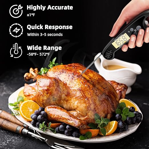 Instant Read Meat Thermometer for Grill and Cooking, Fast and Accurate Digital Food Thermometer with Backlit bi-fold Probe for Kitchen ovens, Frying, Candy, Steak (Black)