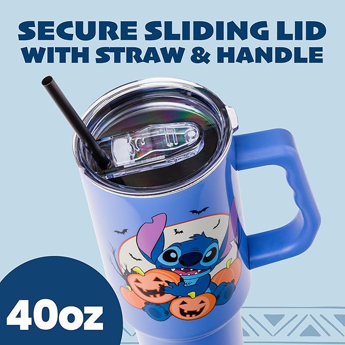 Silver Buffalo Disney Lilo and Stitch Halloween Spooky Pumpkin Jack-O-Lantern Stainless Steel Tumbler with Handle and Straw, Fits in Standard Cup Holder, 40 Ounces