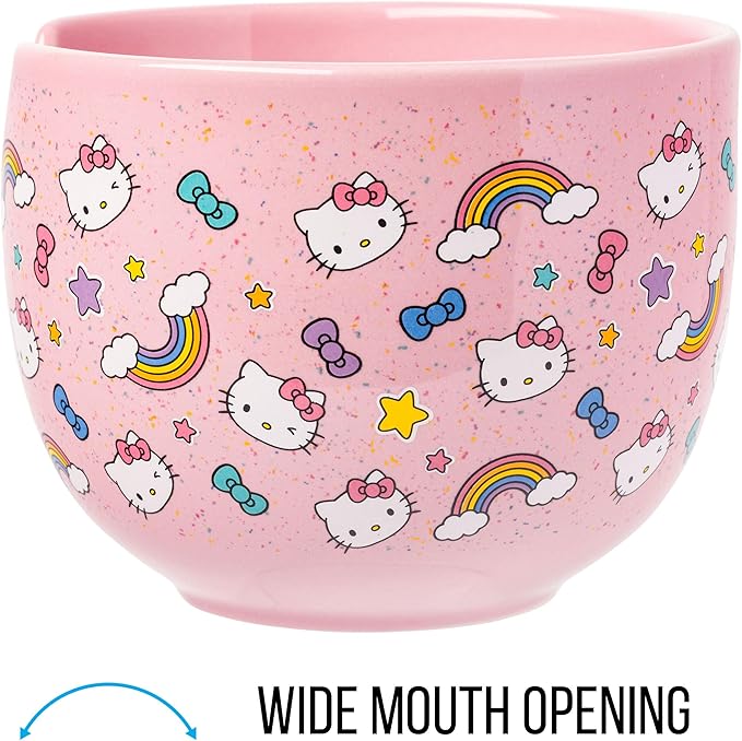 Silver Buffalo Sanrio Hello Kitty Bows Stars Rainbow Pattern Ceramic Ramen Noodle Rice Bowl with Chopsticks, Microwave Safe, 20 Ounces