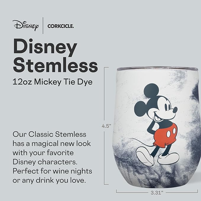 Corkcicle Stemless Insulated Wine Glass Tumbler - Keeps Beverages Cold 6 Hours & Hot 3 Hours - Stainless Steel - Easy-Grip - Summer Drinkware Gift - Keeps Drinks Ice Cold - 12 oz - Mickey Tie Dye