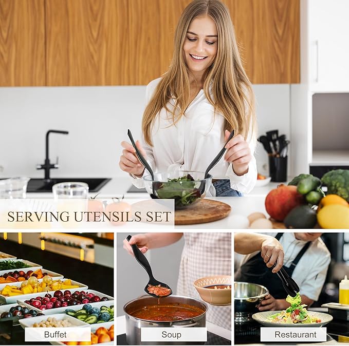 36Pcs Plastic Serving Utensils Set 9'' Large Disposable Serving Spoons Forks Tongs for Serving Food Heavy Duty Black Large Party Utensils Supplies for Buffet Restaurant Dinner Salad Noodles Soup