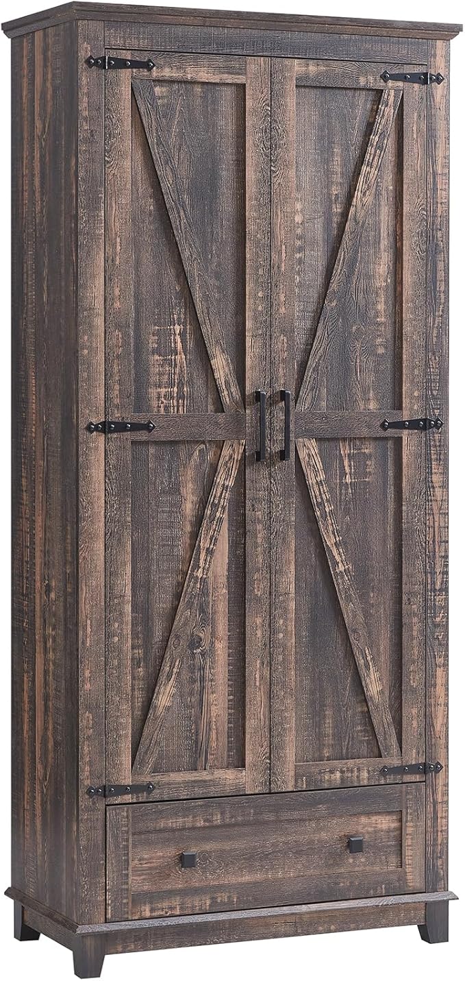AMERLIFE 2 Pcs Farmhouse Kitchen Pantry Cabinet, 72" Tall Storage Cabinet with Adjustable Shelves & Barn Doors & Drawer, Freestanding Kitchen Cupboard for Dining Room, Living Room, Dark Rustic Oak