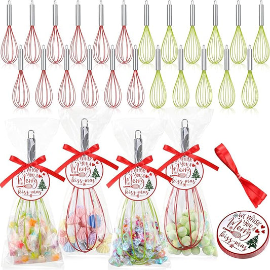 72 Sets 12 Inch Christmas Whisks Gifts DIY Fillable Christmas Tree Ornaments Xmas Colored Silicone Whisks for Cooking Heat Resistant Egg Beaters with Card Rope Bag for Candy Holder