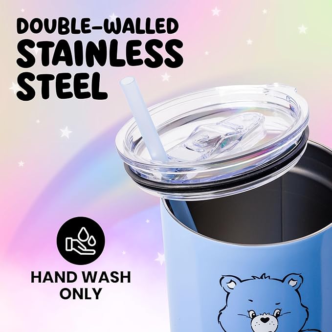 Silver Buffalo Care Bears Grumpy Bear Like I Care Stainless Steel Tumbler with Handle and Straw, Fits in Standard Cup Holder, 40 Ounces