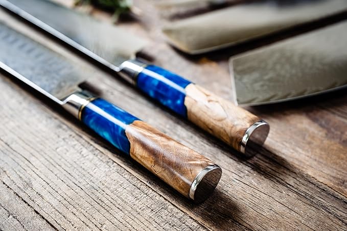 Epicurean Cook Tidal Collection 8 PCS Damascus Knife Set Japanese Kitchen Knives with VG10 Steel Core Ultra-Sharp Professional Chef Knife Set with Elegant Box and Blue Resin and Burl Wood Handles