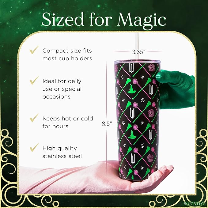 Dragon Glassware x WICKED Vacuum Insulated Tumbler with Lid and Straw - 24 oz Tumbler Cup with 2 Straws - Stainless Steel Tumbler with Straw for Water, Iced Tea - Wicked Movie Green Tumbler with Straw
