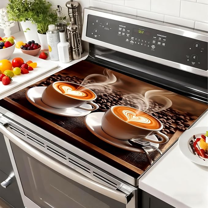 Coffee Cup Stove Top Cover 28.3 x 20.5 Inches, Heat Resistant Glass Stove by KKYEJLQYI