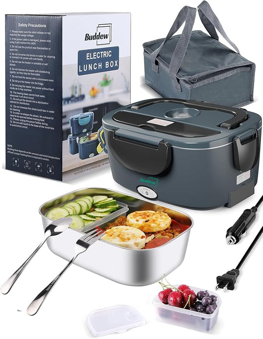 Buddew Electric Heated Lunch Box for Adults - 80W Fast Heating, 1.5L Food-Grade Stainless Steel, 12V/24V/110V Portable Food Warmer for Work Travel Car, Lonchera Electrica Portatil