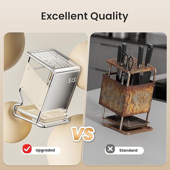 Knife Block Holder without Knives, Universal Kitchen Storage Stand, Safe Space Saver Large Volume Stable Knife Storage With a drip tray at the base Detachable for Easy Cleaning - White