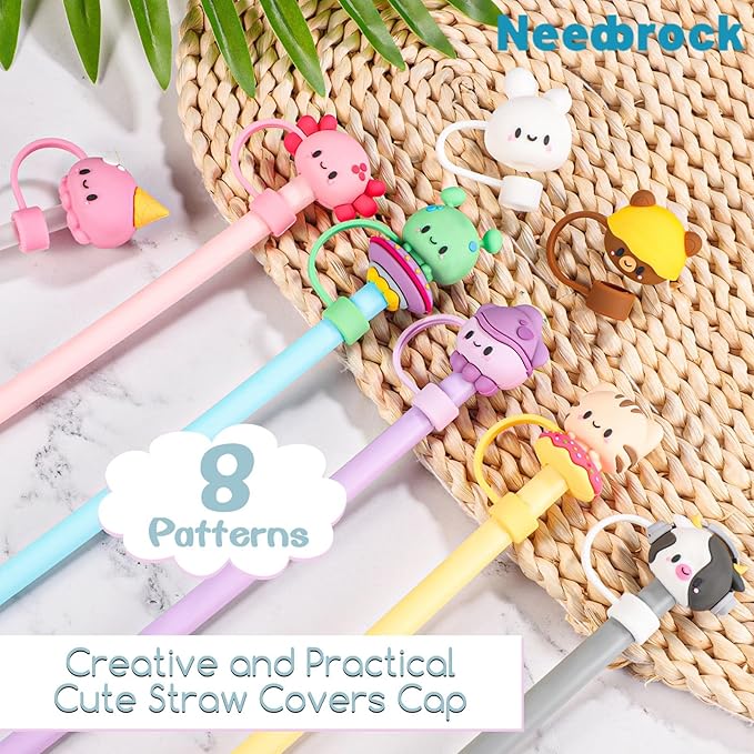 Needbrock 8 PCS Straw Covers Cap for Stanley Cup, Silicone Straw Topper for Stanley 30&40 Oz Tumbler, Cute Straw Caps in Various Shapes Reusable Straw Caps for Stanley Cup Accessories, 10mm