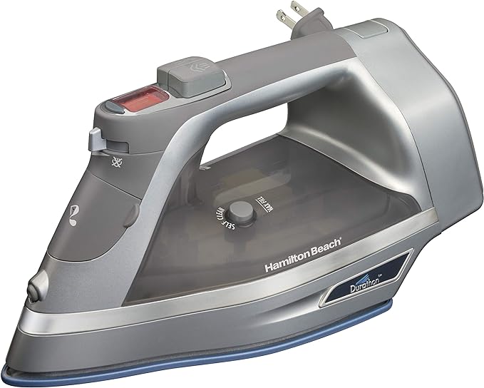 Hamilton Beach Steam Iron & Vertical Steamer for Clothes with Scratch-Resistant Durathon Soleplate, Digital Temperature Control, 8’ Retractable Cord, 3-Way Auto Shutoff, Anti-Drip, 1700 Watts, Silver
