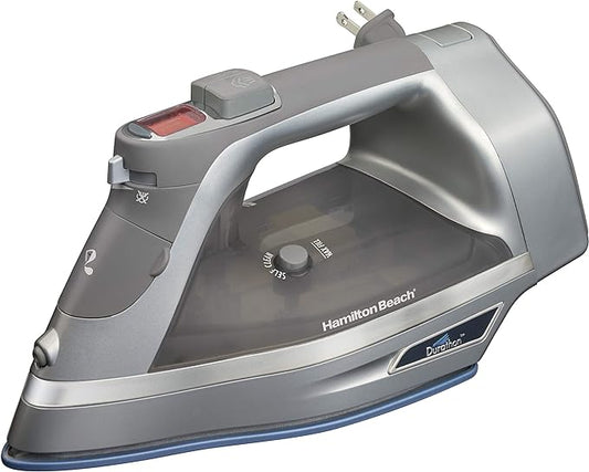 Hamilton Beach Steam Iron & Vertical Steamer for Clothes with Scratch-Resistant Durathon Soleplate, Digital Temperature Control, 8’ Retractable Cord, 3-Way Auto Shutoff, Anti-Drip, 1700 Watts, Silver