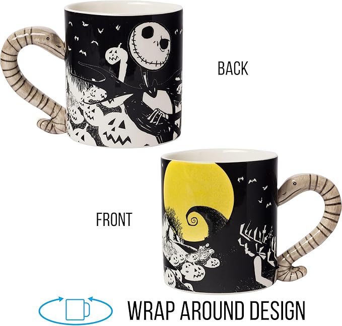 Silver Buffalo Disney Tim Burton's Nightmare Before Christmas Jack Skellington and Moonlight Snake 3D Sculpted Handle Ceramic Mug, 20 Ounces