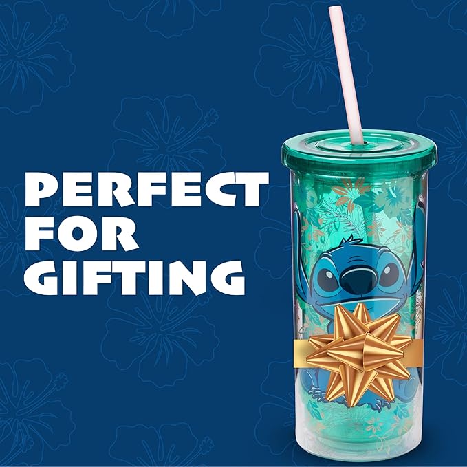Silver Buffalo Disney Lilo and Stitch Tropical Pattern Plastic Tall Cold Cup with Lid and Straw, 20 Ounces