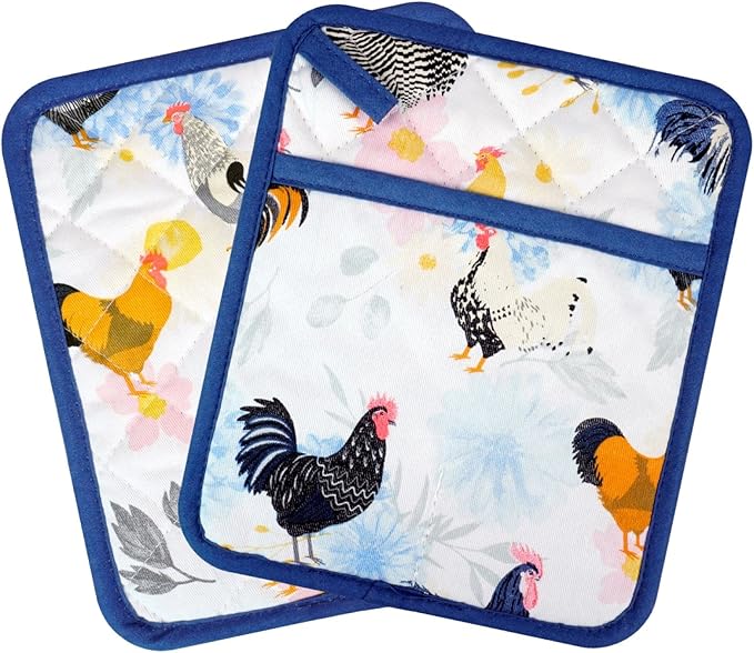 Pot Holders Set of 2 Heat Resistant 480℉ Kitchen 100% Cotton Comfortable Lining Printing Fox Flower Women Men Home Cooking Baking Microwave BBQ Gift (Rooster potholder)