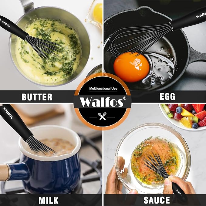 Walfos Whisk 5+7in/12cm+17cm Mini Whisk,Silicone Whisks Non Scratch Heat Resistant (480°F). Nice for stirring individual eggs and mixing small amounts of powder and sauce.Dishwasher Safe.Black
