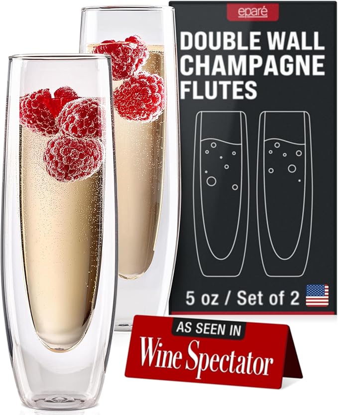 Eparé Double Wall Stemless Champagne Flutes Glass - Set of 2 Lightweight Mimosa and Prosecco Glasses for Bridal Shower, Bridesmaid Gift - Modern Stemless Champagne Glasses