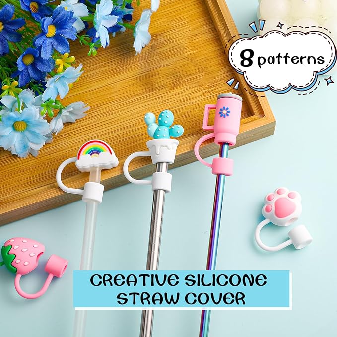 8 PCS Straw Cover, Straws Toppers for Stanley 30&40 Oz Tumbler, Straw Caps in Various Shapes Silicone Covers Cap for 0.4 Inch/10 mm Tips (Mixed Style)