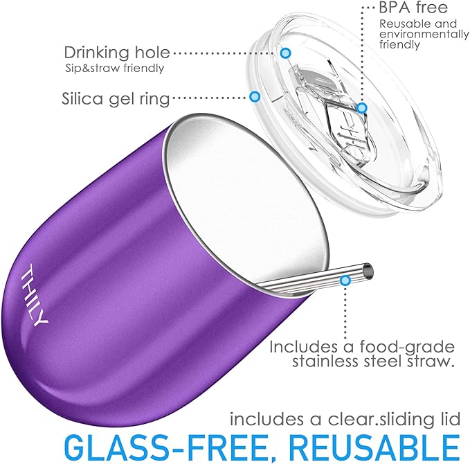 THILY Vacuum Insulated Stemless Wine Tumbler Triple-Insulated Stainless Steel Wine Glass with Lid, Reusable Straw, 12 oz, Wine, Coffee, Cocktails, Gifts Ideas for Women, Her, Girls, Purple