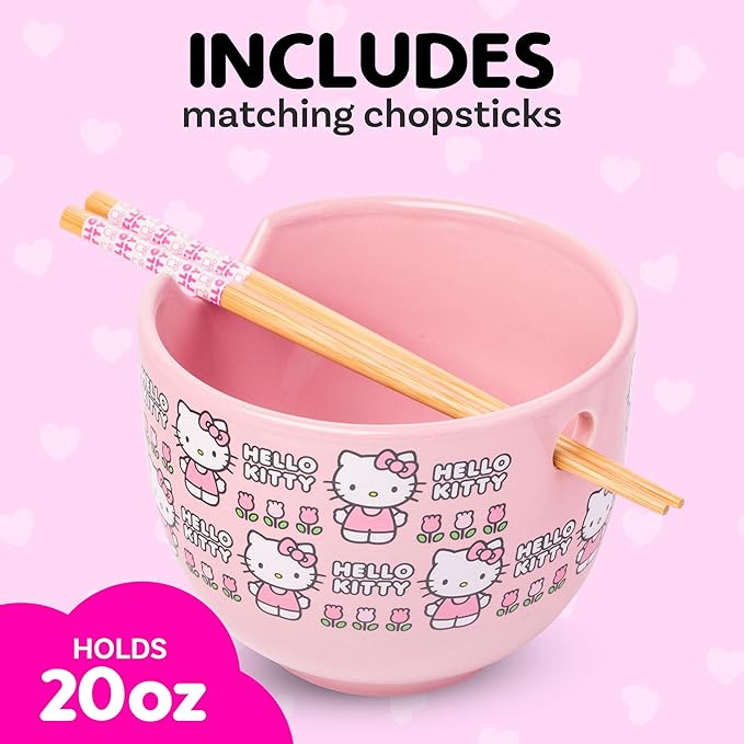 Silver Buffalo Sanrio Hello Kitty Flowers Pattern Ceramic Ramen Noodle Rice Bowl with Chopsticks, Microwave Safe, 20 Ounces