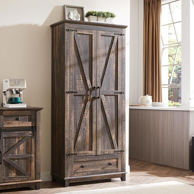 AMERLIFE 2 Pcs Farmhouse Kitchen Pantry Cabinet, 72" Tall Storage Cabinet with Adjustable Shelves & Barn Doors & Drawer, Freestanding Kitchen Cupboard for Dining Room, Living Room, Dark Rustic Oak