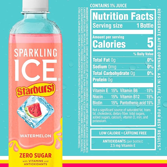 Sparkling Ice STARBURST Red Variety Pack, Zero Sugar Flavored Sparkling Water, Vitamins & Antioxidants, 17 fl oz, 12 count (Kiwi Strawberry, Black Cherry, Starburst Fruit Punch, Starburst Watermelon)